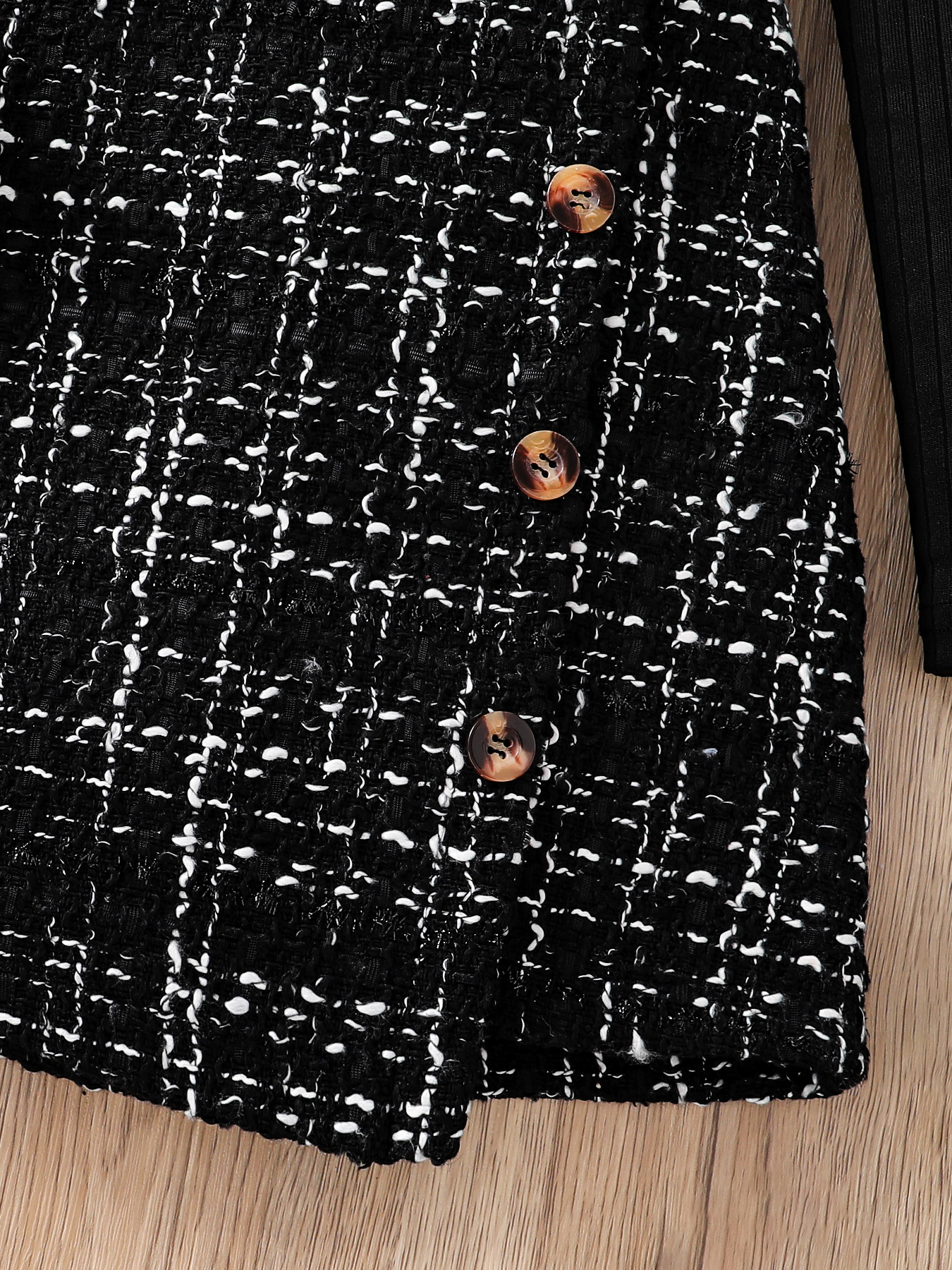 Toddler Girl 2pcs Set: Black Ruffled Sleeve Top & Tweed Plaid Skirt, Elegant Little Girl Outfit-KJ1C4469A