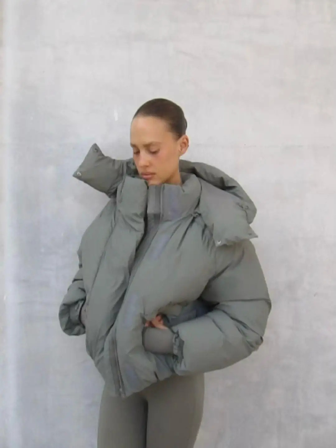 Khy olive green breadshaped coat light pink matte satin cotton coat with detachable hat 250917