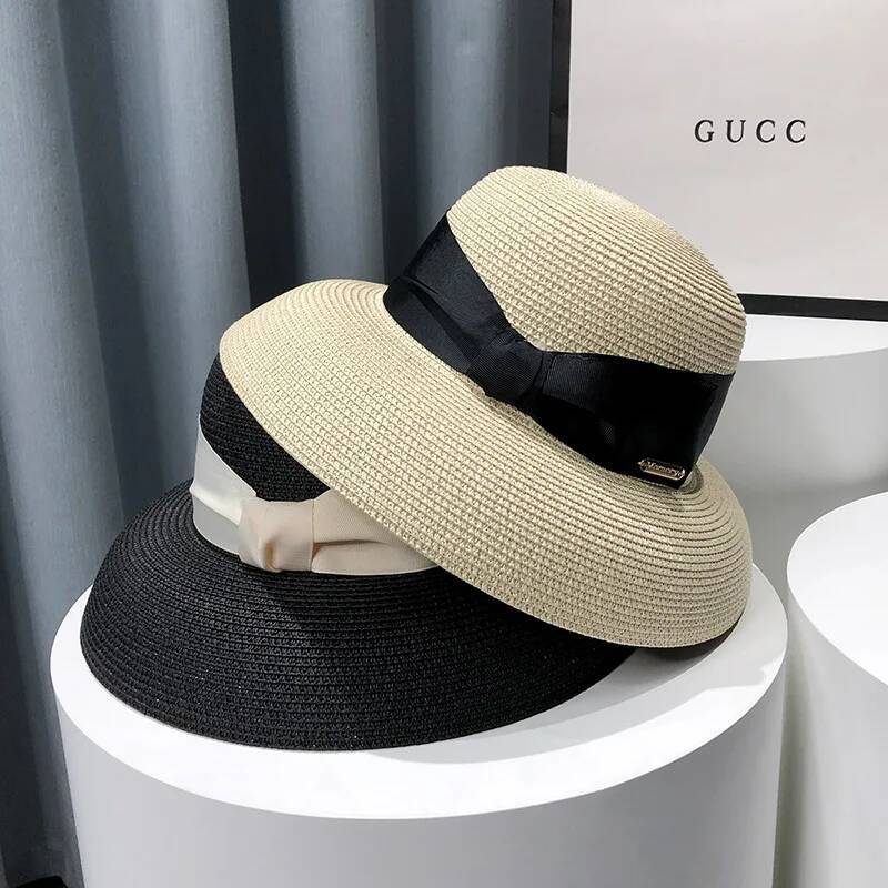 French Hepburn Style Straw For Women, Summer Face Covering Hat, UV Resistant Beach Vacation Sun Hat ddmythur