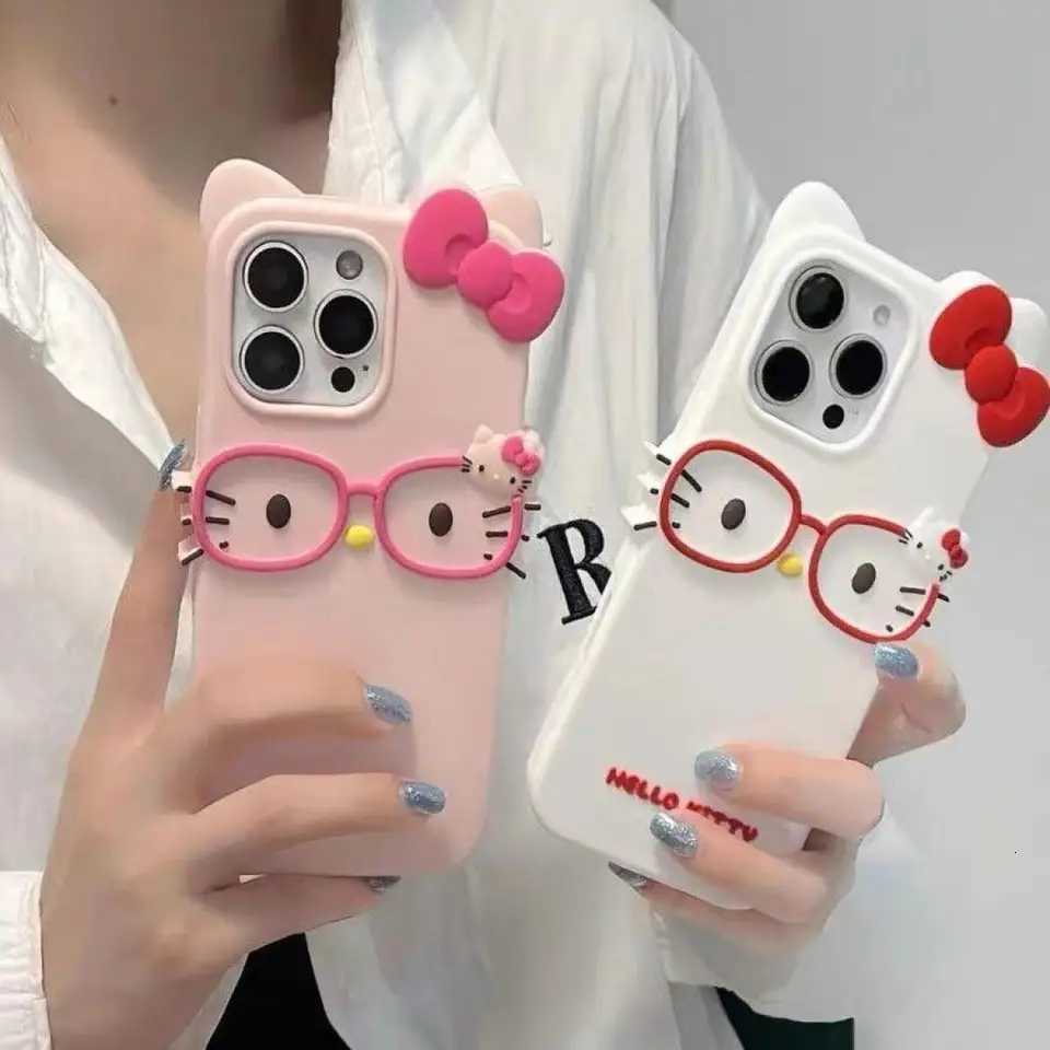 Sanrios Three nsional Wear Glasses Hello Kittys Cartoon Mobile Phone Case New Kawaii All Inclusive Girls Mobile Phone CaseXJ250922