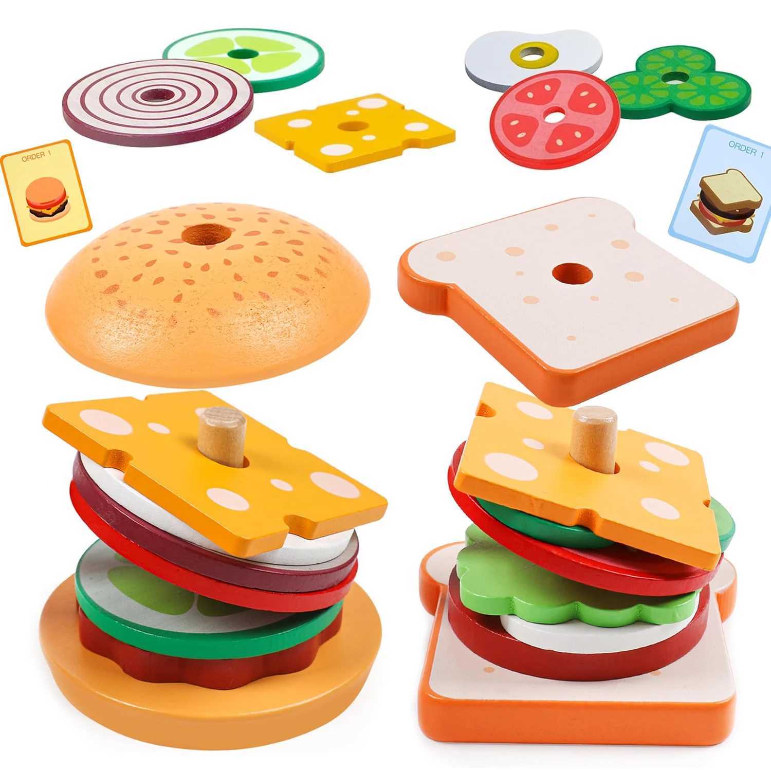 Wooden Burger Sand Stacking Toys For Toddler Kids Preschool Learning Educational Toys Pretend Play Food Kitchen Toys Gift C250922