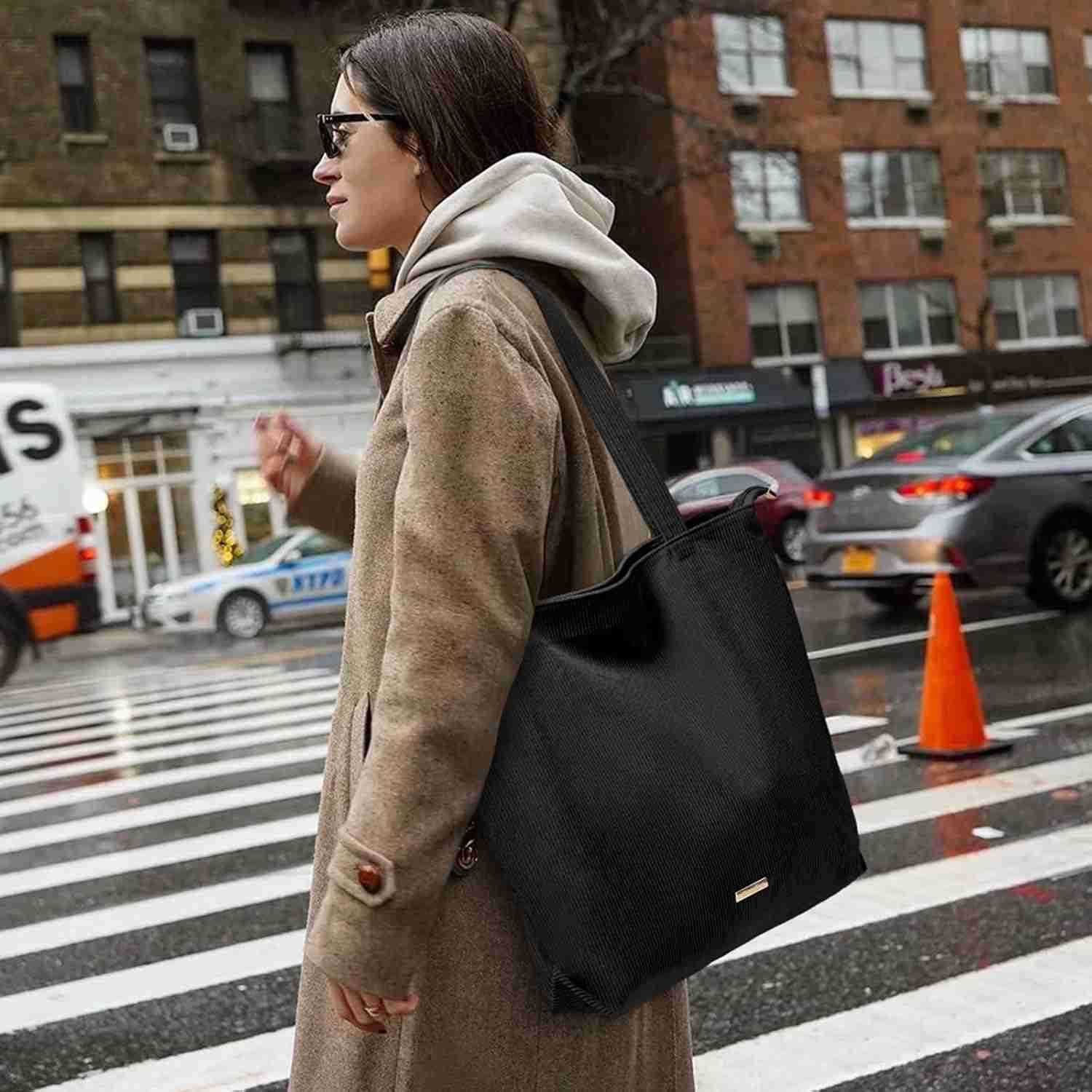 WantGor Women Corduroy Tote Bag Large Shoulder Casual Zipper Handbags Work Travel Shopping Bag with Pockets Z250922