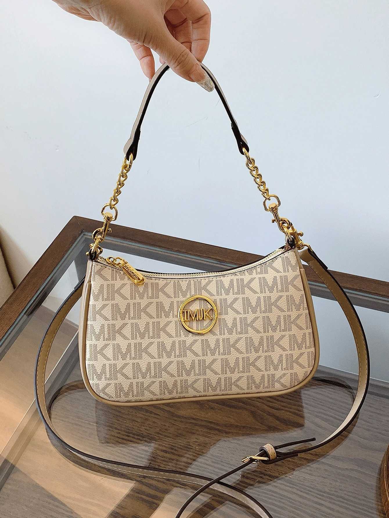 Leather Crescent Moon Shoulder Bag with Gold Chain Adjustable Crossbody Vintage Geometric Print Embossed Design Cream White Milk H260423