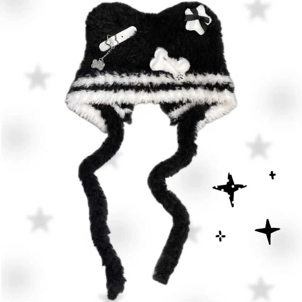 Wens Gothic Harajuku Punk Lolita Y2K Spicy Girls Subcture Bear Hat Cute Little Bone Cross Star Wings Wool Hats Y250922