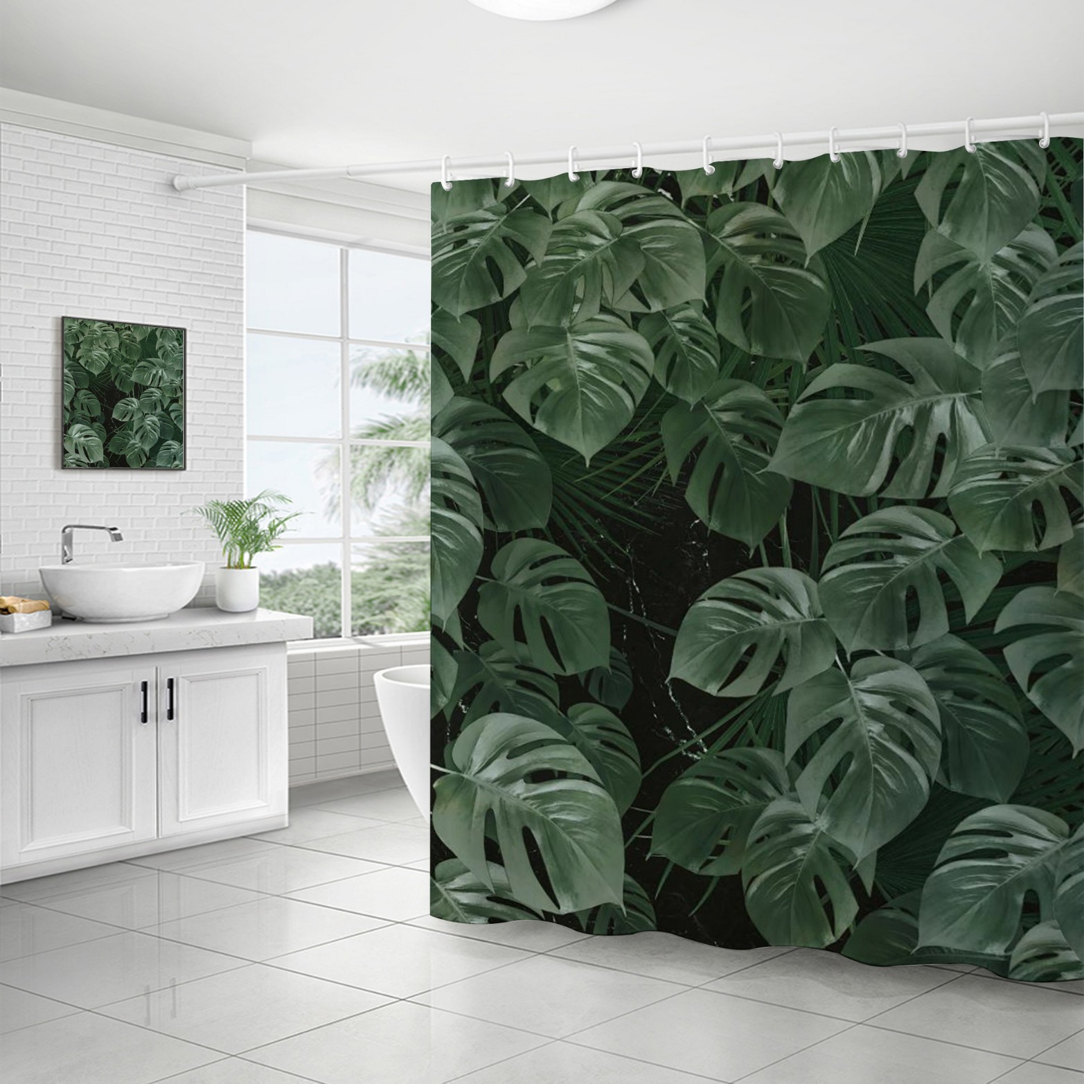 YL-37241 Waterproof Shower Curtain Hot Sale 3D Printed Tropical Jungle Plant Leaves and Flowers Season Polyester Shower Curtain with Hook