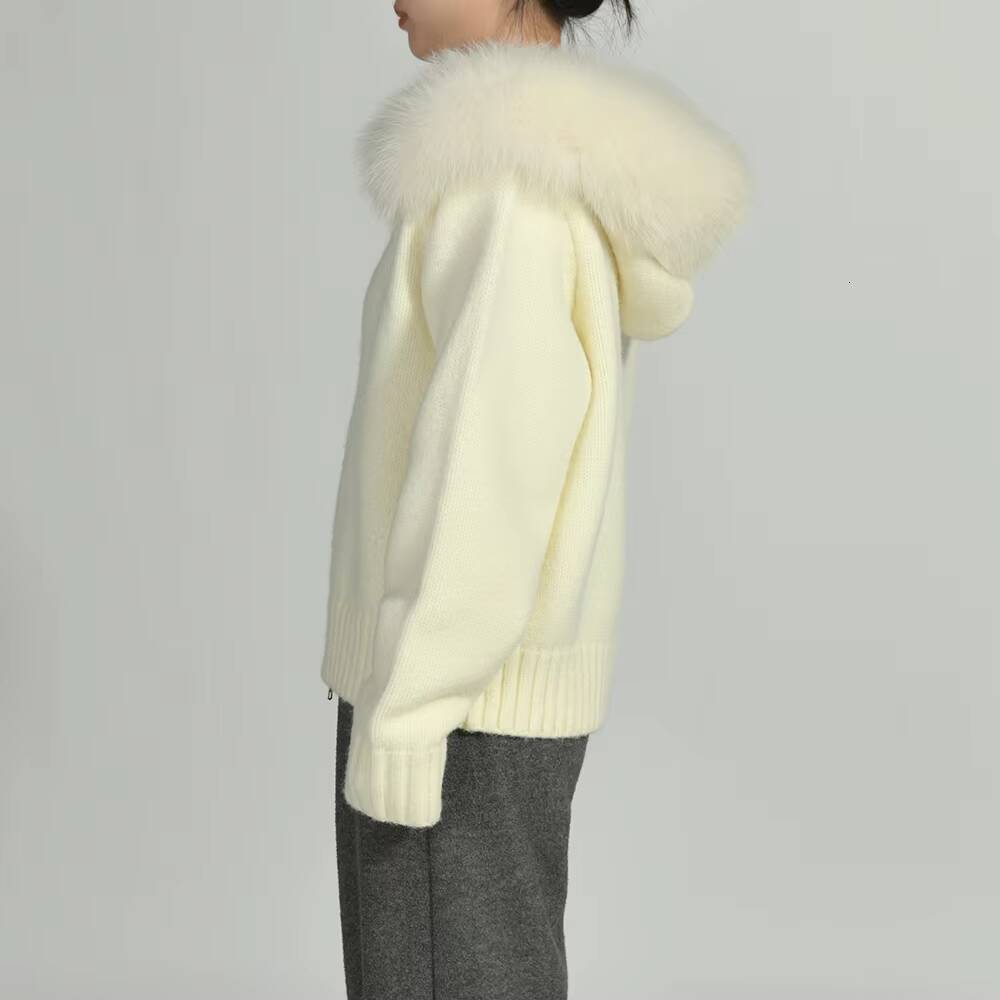Fluffy Real Fox Fur Collar Hooded Custom Winter Wholesale Soft Knitted Cardigan Zipper Solid Color Women Sweaters Fashionable