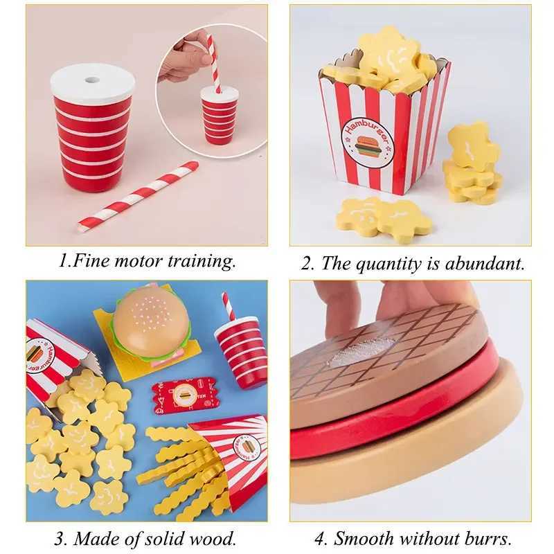 Wooden Burger Pretend Play House Kitchen Simulation Food Fries FastSet Pretend To Play With Kids Toys C250922