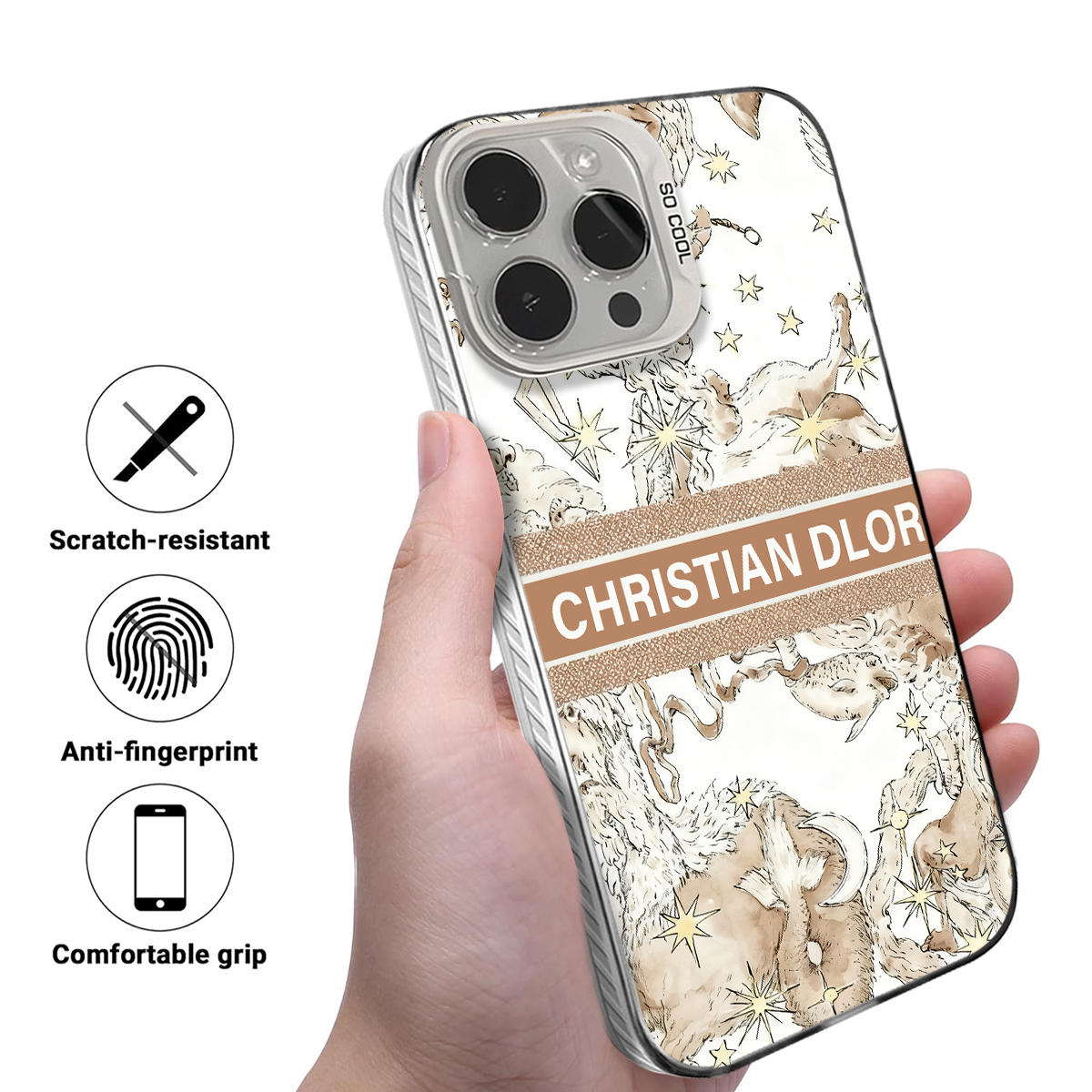 Luxury Designer Phone Case with "CHRISTIAN DLOR" & Mythical Starry Pattern for iPhone 11/12/13/14/15/16 Pro MAX, Premium Protective Cover