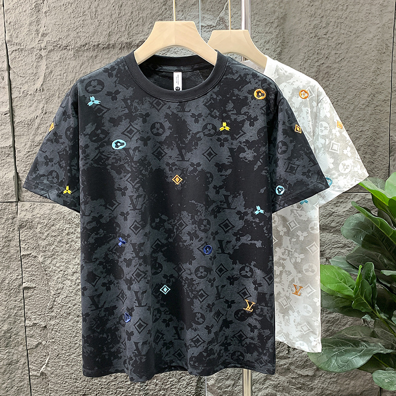 Men's T-shirt High-end Luxurious Design Breathable Black And White Retro Floral Print Summer Short-Sleeved Business Casual Top