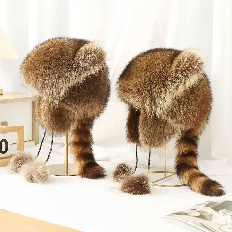 trend Raccoon Fur C Tail Wen Natural Raccoon Fur Cs Ushanka Hats for Winter Thick Warm Ears Fashion Bber P Hat2026 Y250920