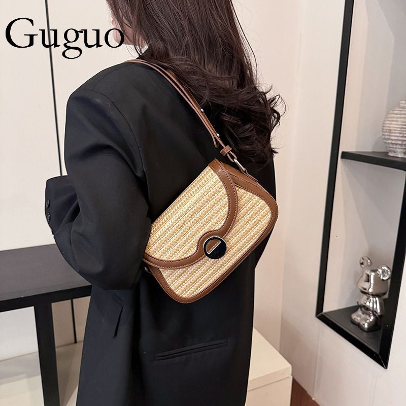 Luxury Bag Guguo Designer Bag Leopard Print Color-blocking Underarm Lock Small Bag For Women 2025 New Beach Woven Bag Crossbody Straw Woven Small Squa
