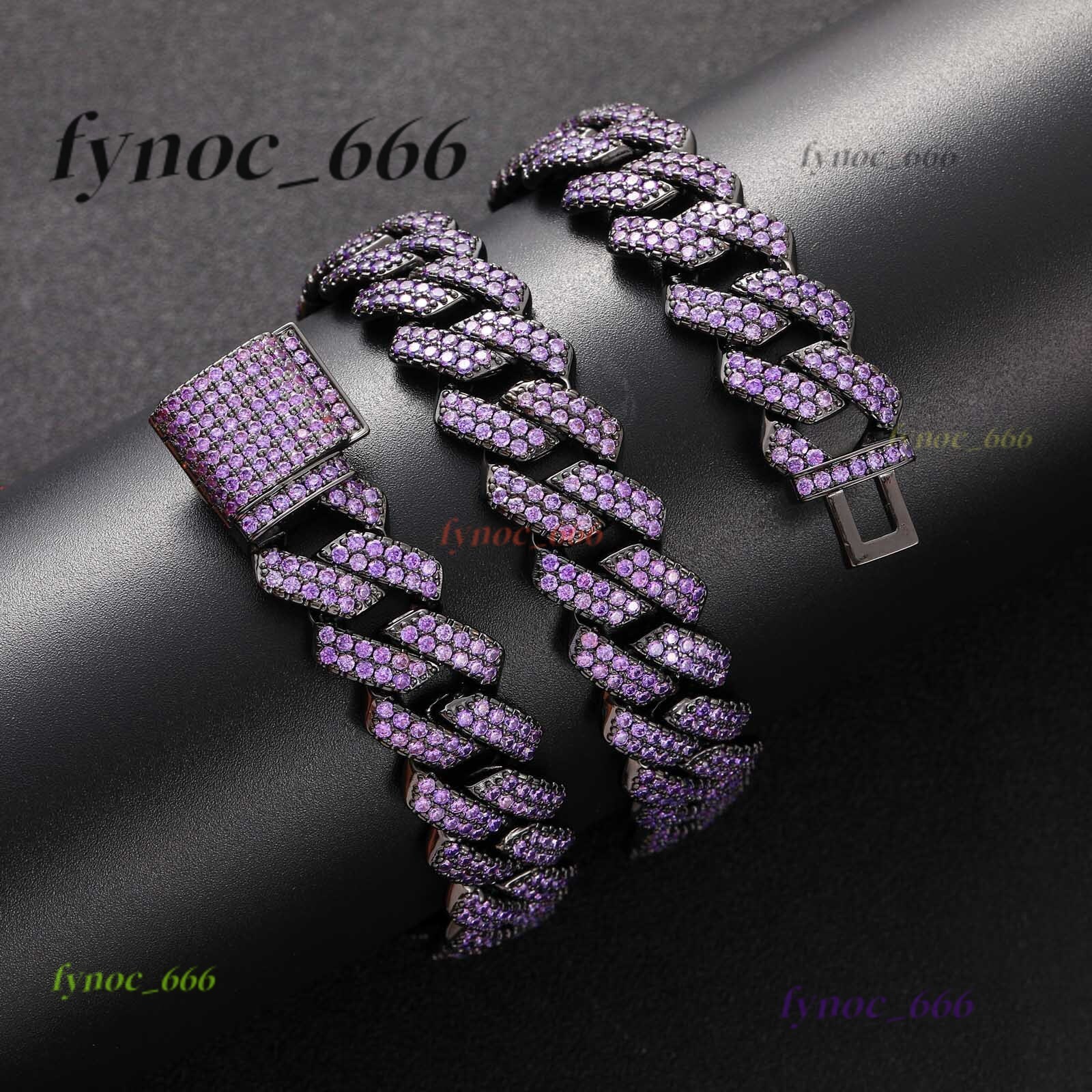 Black 15mm Full Purple Lab Diamond Bling Prong Moissanite Cuban Link Hip Hop Chain Geometric Trendy Gift Chain