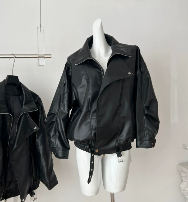 Womens Y2k Autumn Fashion Street Loose Casual Retro Heavy Double-Layer Collar Profile Jacket Leather Coat Female 241028