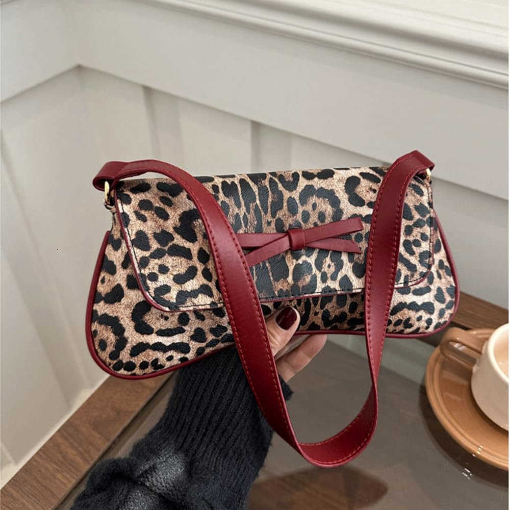 Womens Leopard Print Shoulder Bag Underarm Hobo Handbag with Bow TopHandle BagsY260116