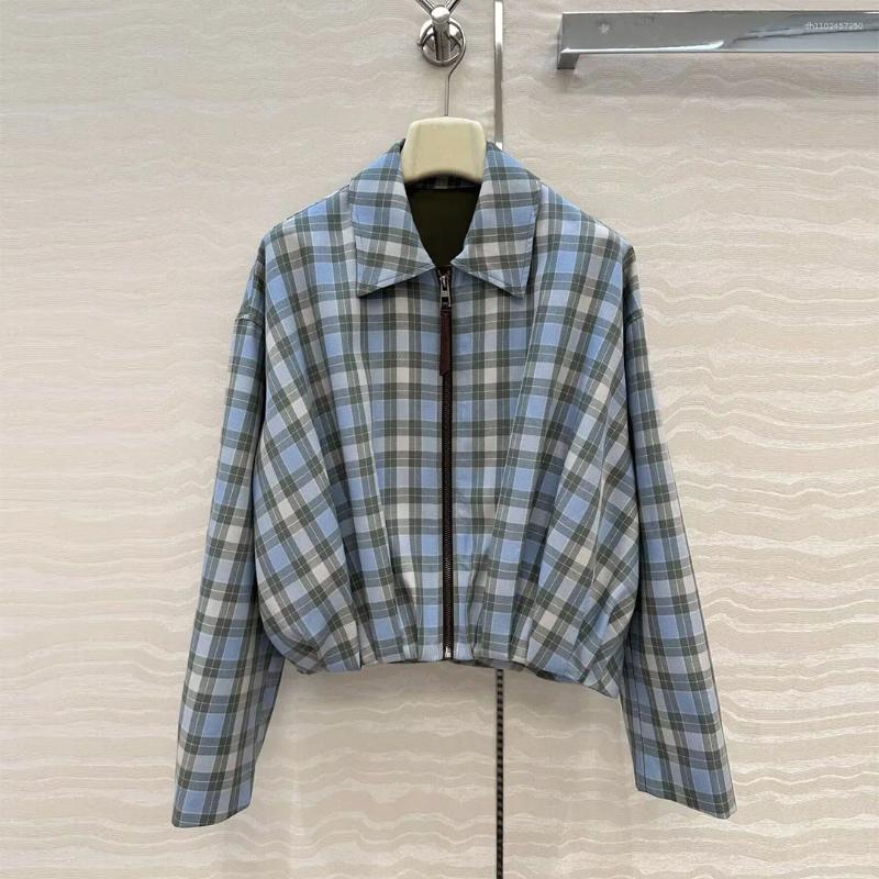 Women's Jackets Autumn Contrast Blue Plaid Coat Women Lapel Sheepskin Leather Zipper Long Sleeve Slim Waist Folds Vintage Jacket Outwear