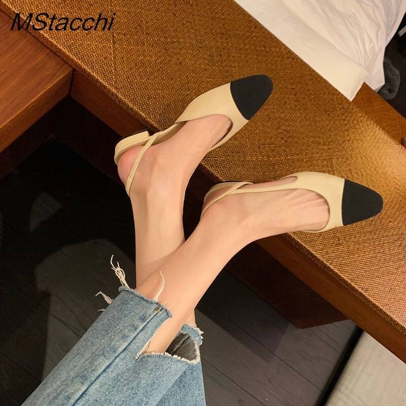 Patchwork Leather Slingbacks Women's Fashion Flat Heel Formal Ladies Sexy Sandals Dress Wedding Party Shoes ddmypanda