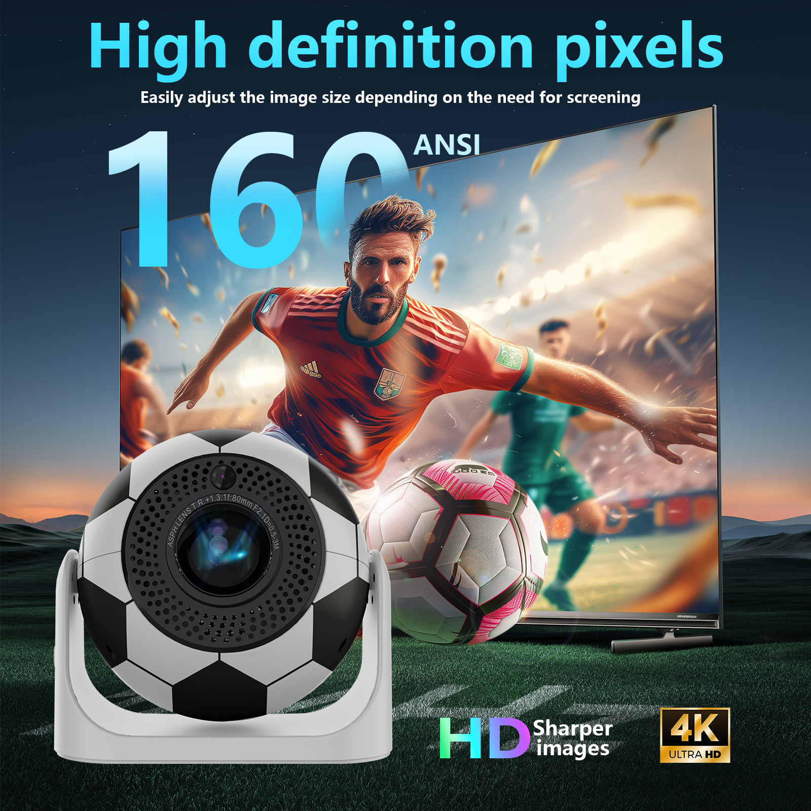 2025 Portable Projector 160 ANSI 1280*720P Android 13.0 BT 5.0 With 2.4/5G WiFi6 2+8GB Round Design Movie Projector 40"- 100" Screen, 180° F