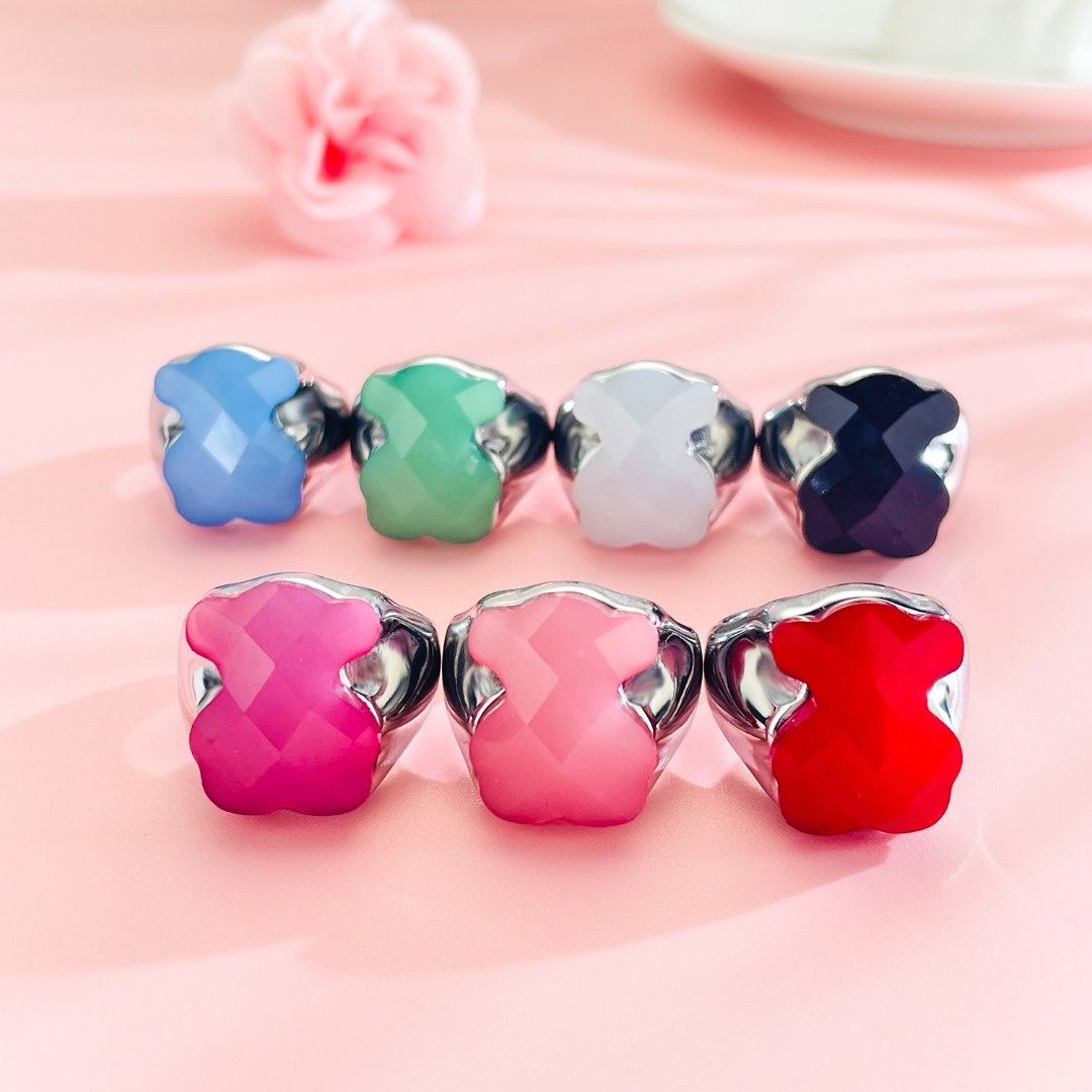 Fashion Women Men Animal Bear Silver Rose Gold Stainless Steel White Pink Red Black Glass Cartoon Animal Span Rings Jewelry