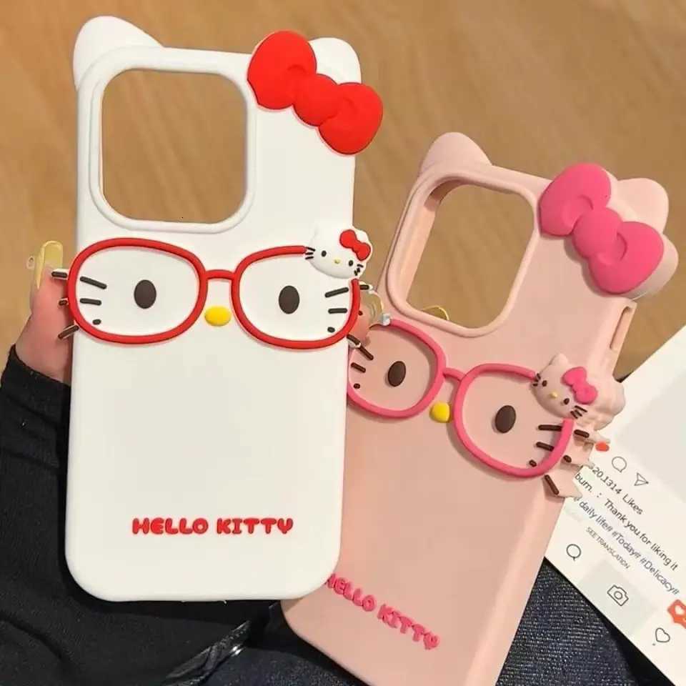 Sanrios Three nsional Wear Glasses Hello Kittys Cartoon Mobile Phone Case New Kawaii All Inclusive Girls Mobile Phone CaseXJ250922