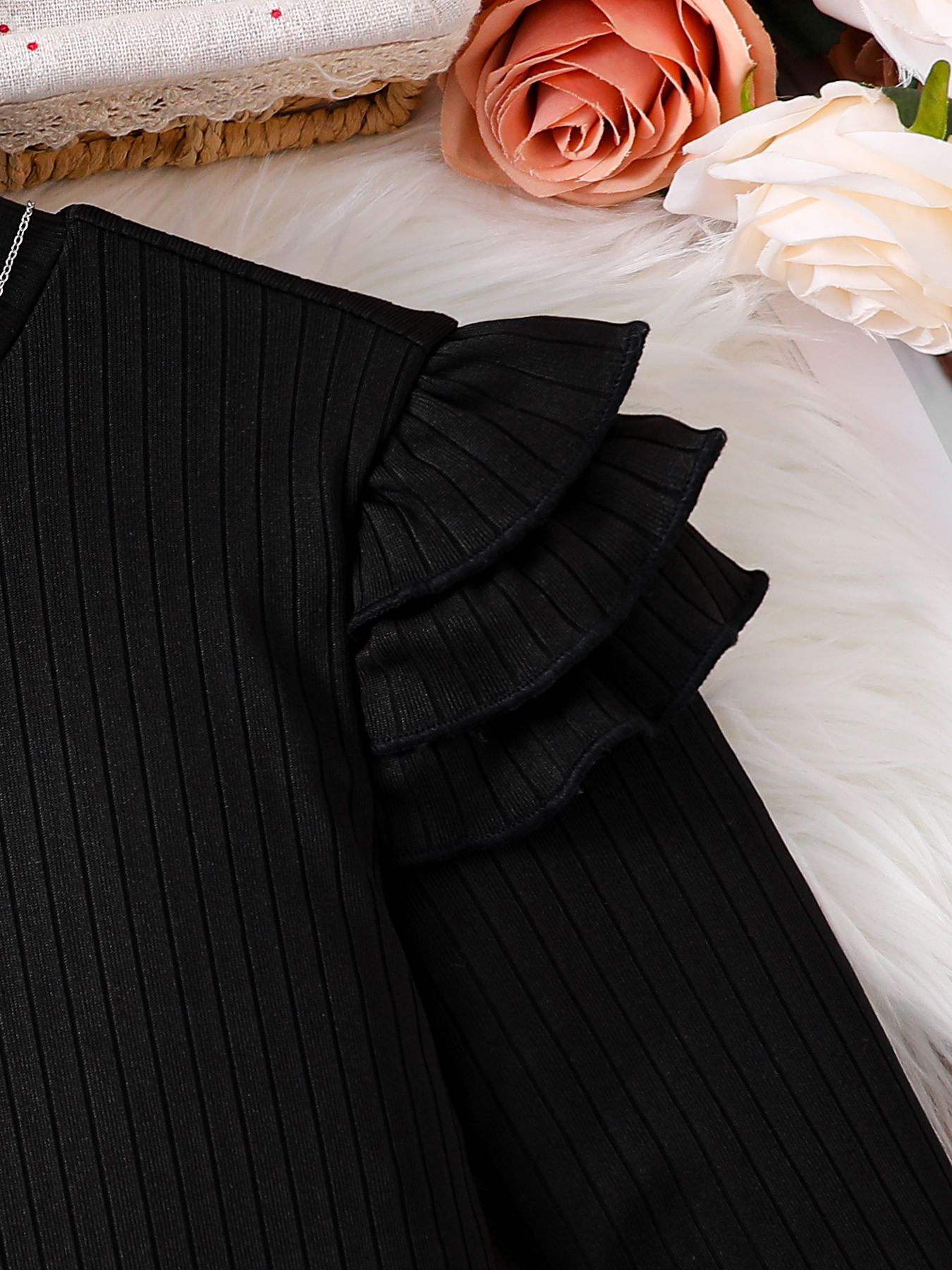 Toddler Girl 2pcs Set: Black Ruffled Sleeve Top & Tweed Plaid Skirt, Elegant Little Girl Outfit-KJ1C4469A