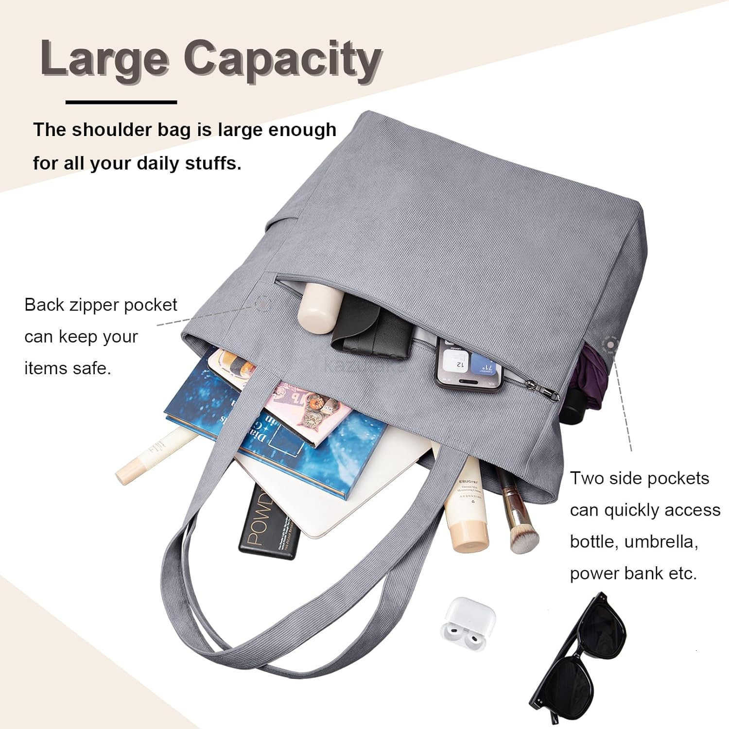 Kememo Corduroy Tote Bag for Women with Zipper Large Shoulder Bag Handbag for Work School Shopping Travel Gym Vacation Z250922