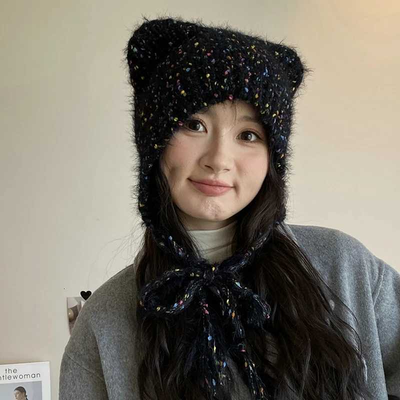 Cute Beanie Autumn Winter Wen Warm Janese Knit Hat e Cs Ear Protection Tie Pr Hat Gorro Bonnet Y250920