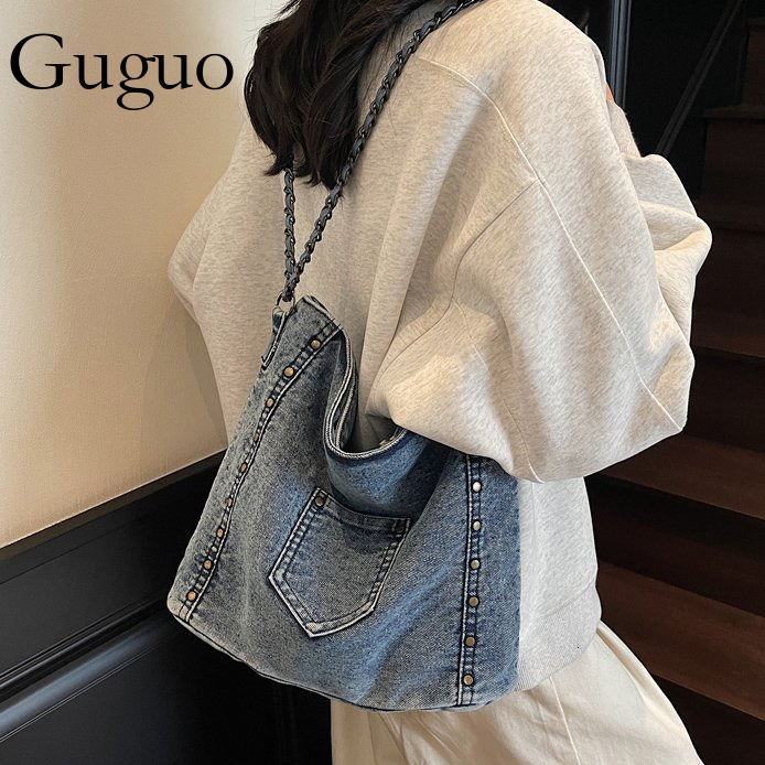 Guguo Designer Bag 2025 New Cross-border Exclusive Rivet Denim Single Shoulder Bag For Women Chain Crossbody Bag Women's Foreign Luxury Bag Trade
