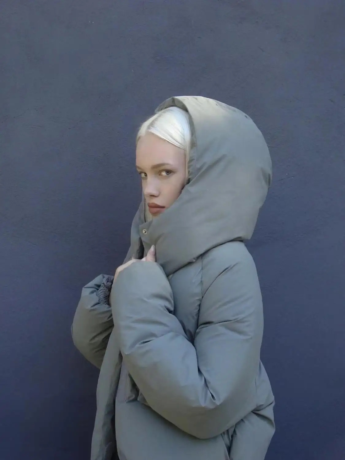 Khy olive green breadshaped coat light pink matte satin cotton coat with detachable hat 250917