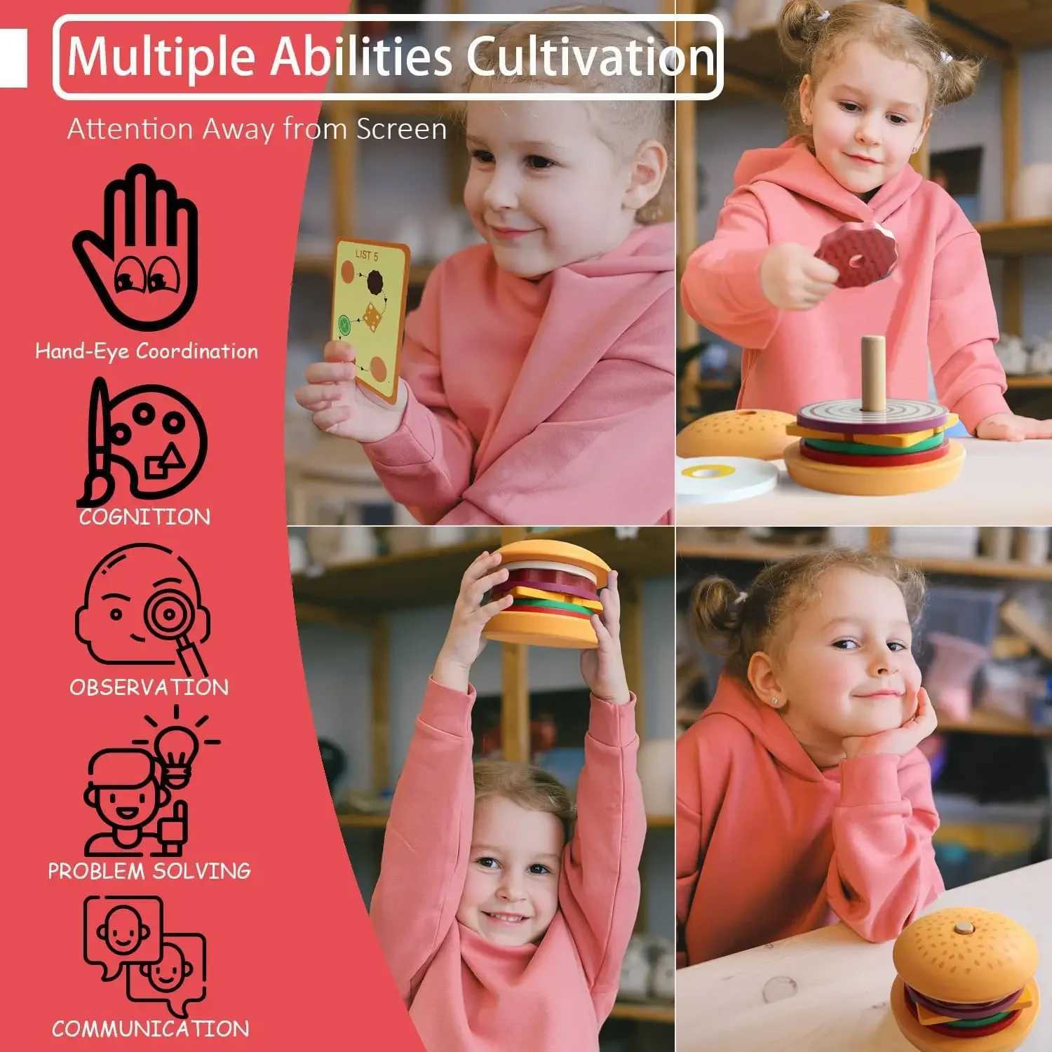 Wooden Burger Sand Stacking Toys For Toddler Kids Preschool Learning Educational Toys Pretend Play Food Kitchen Toys Gifts C2509221