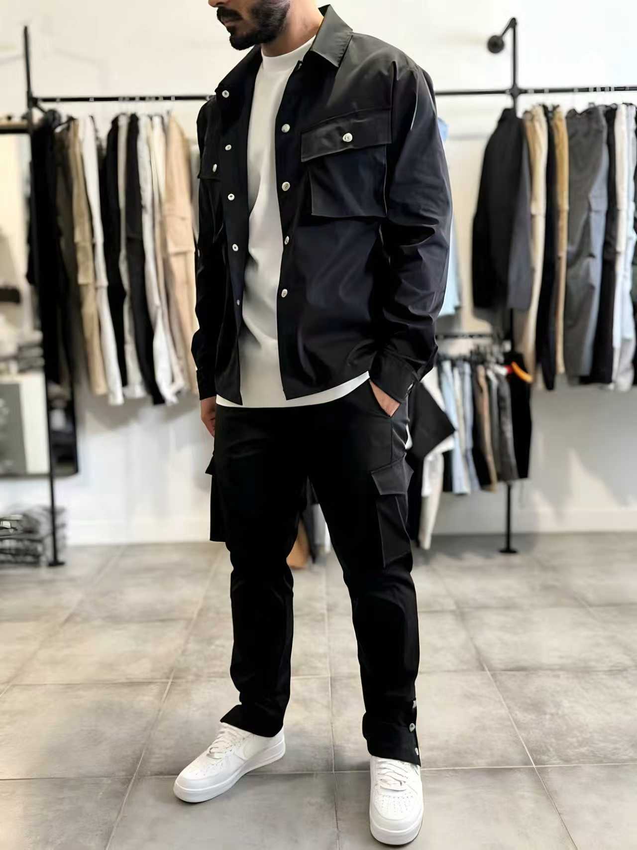 New Designer Set European style Mens Clothing Spring And Autumn Leisure Sports Multi-pocket Cargo Jacket Trousers Two piece Set plus size sweatsuit