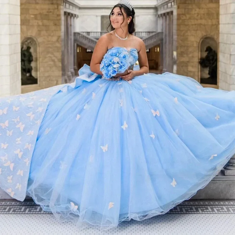 Sky Blue 3D Butterfly Off Shoulder Corset Quinceanera Dress Ball Gown Bow Applique Lace Sweet 16 Vestidos De 15 Anos Graduations Prom Party Dress Robe