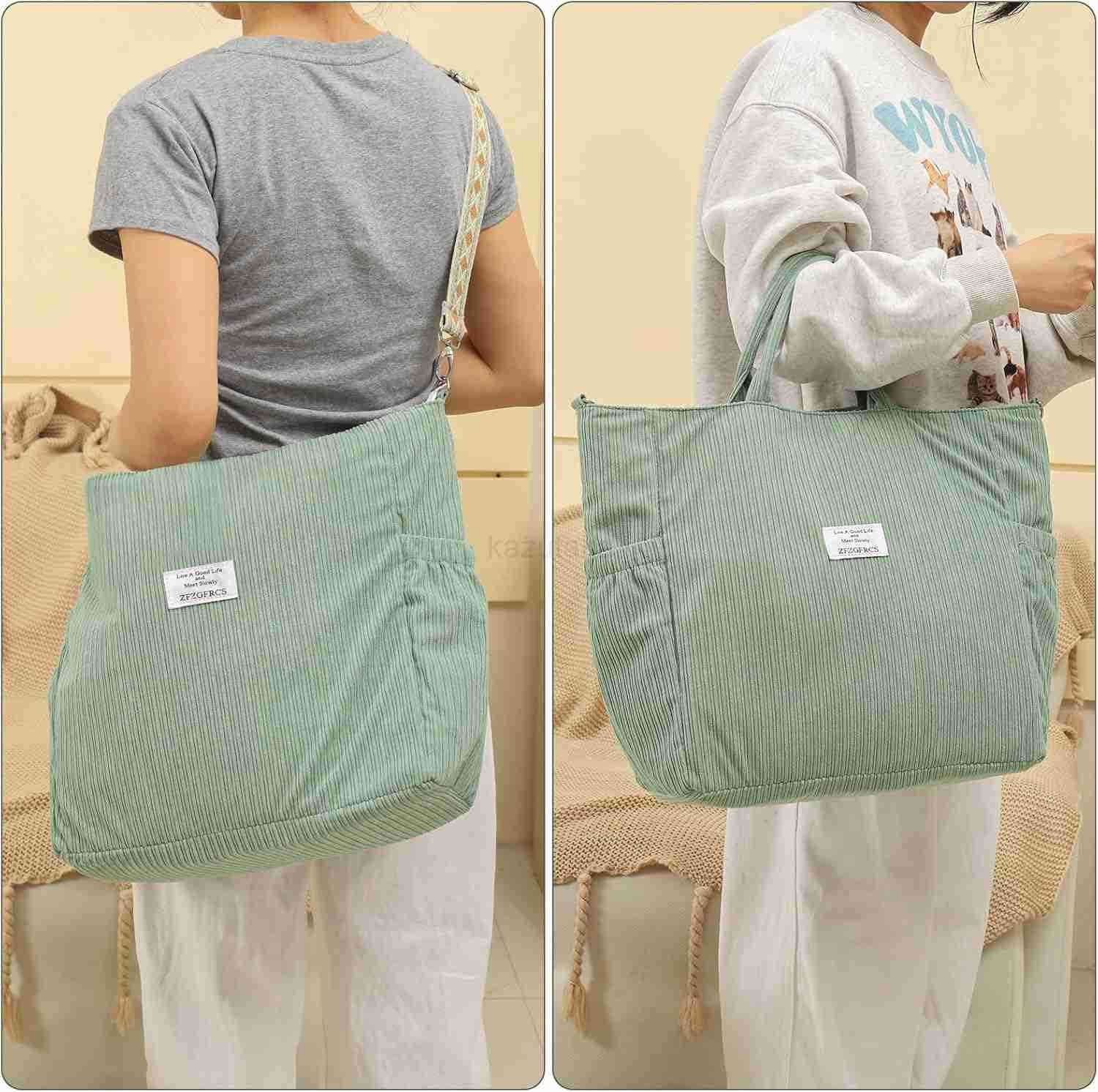 Corduroy Tote Bag for Women Large Tote Bag with Zipper Casual Shoulder Handbags Work Shopping Bag Z250922