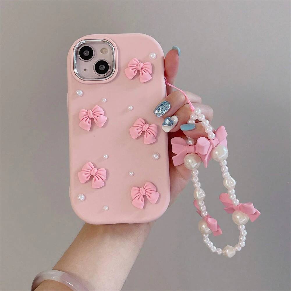 Cute 3D Pink Bowknot Phone Case For iPhone 15 14 13 12 16 Pro Max 11 XR 8 Plus SE Protective Cover With Bow Pearl Chain