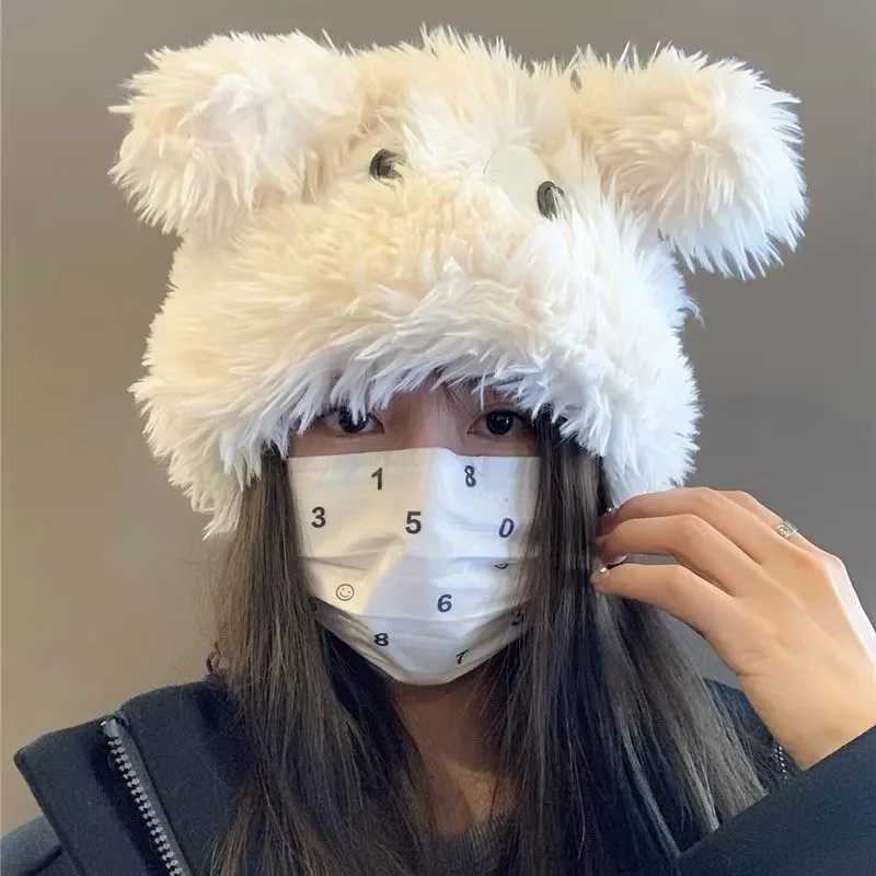 Funny Winter P Hat for Wen Cute Cartoon Puppy Ears Beanie C Solid Color Warm Fluffy Faux Fur Girls Ear Protection Hats Y250920