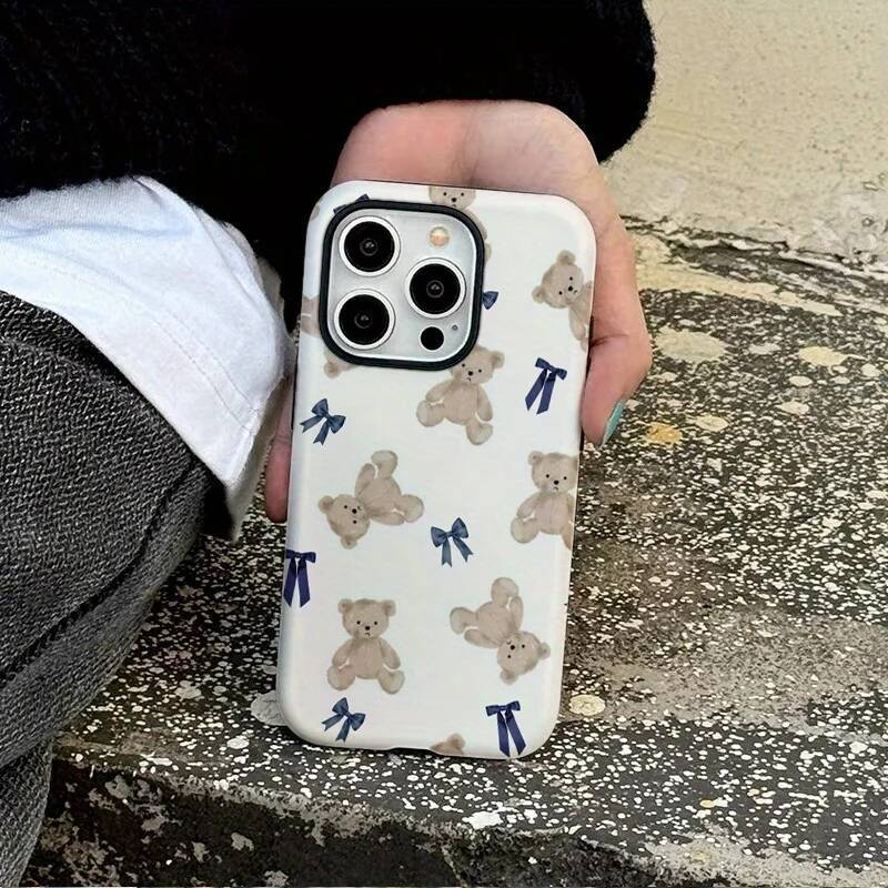 Phone Case for iPhone 16 15 14 13 12 11 X XS XR XSMAX 7 8 Pro Max Plus Adorable Bear Bow Tie Des Double-layer Back Cover