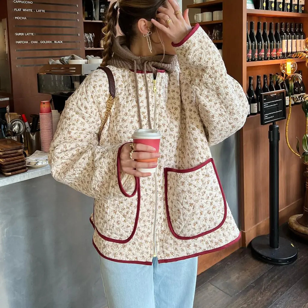 Combhasaki Womens Y2K Vintage Zip Up Cropped Jacket Aesthetic FloralStriped Lightweight Quilted Long Sleeve Coats with Pockets 250923