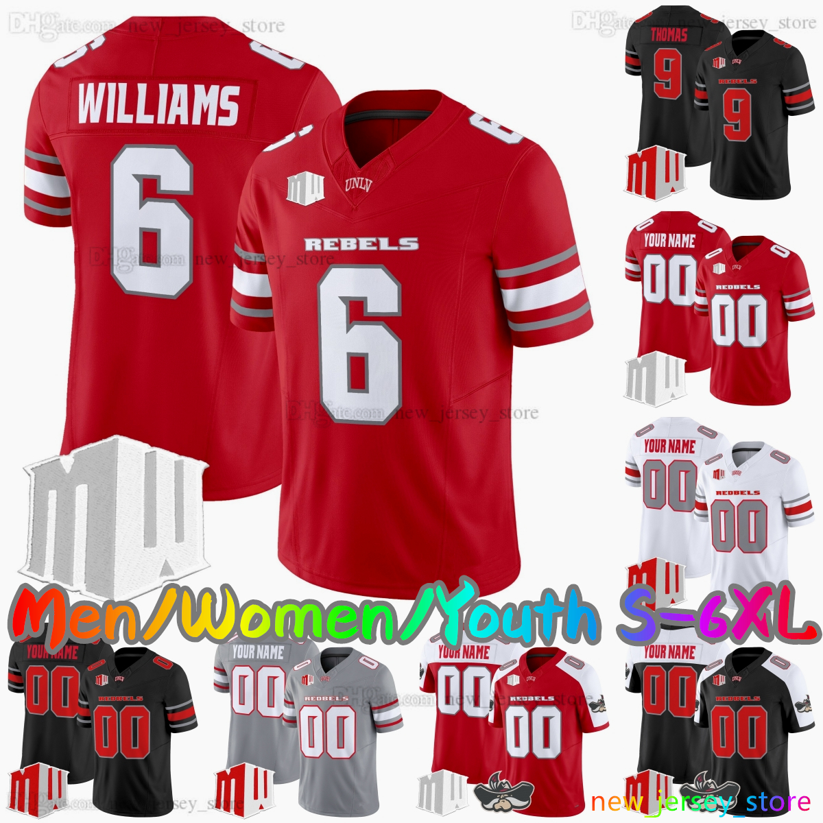 2025 Custom S-6XL UNLV Rebels College Football Jersey 10 Anthony Colandrea 9 JaiDen Thomas 6 Jaden Bradley 8 Marsel McDuffie 9 Aamaris Brown Alex Orji Stitched Jerseys