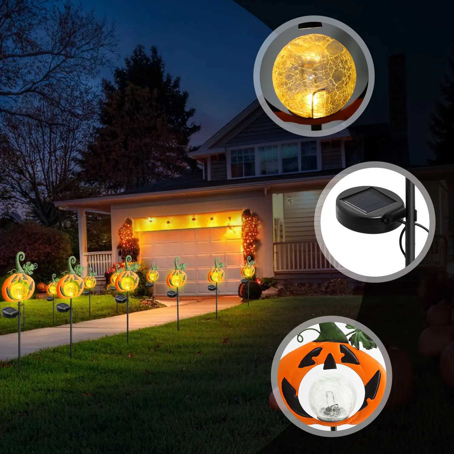 12PCS Solar Halloween Pumpkin Lawn Lights Outdoor Garden Decorative Warm White Solar Lights for Patio Pathway Halloween Decor C250922