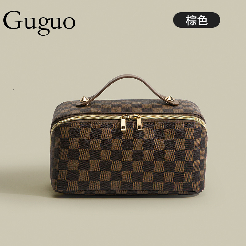 Guguo Designer Bag Vintage Style Floral Plaid Makeup Bag For Women Large Capacity Luxury Bag Portable Handheld Toiletry Bag Cosmetic Storage Bag Whole