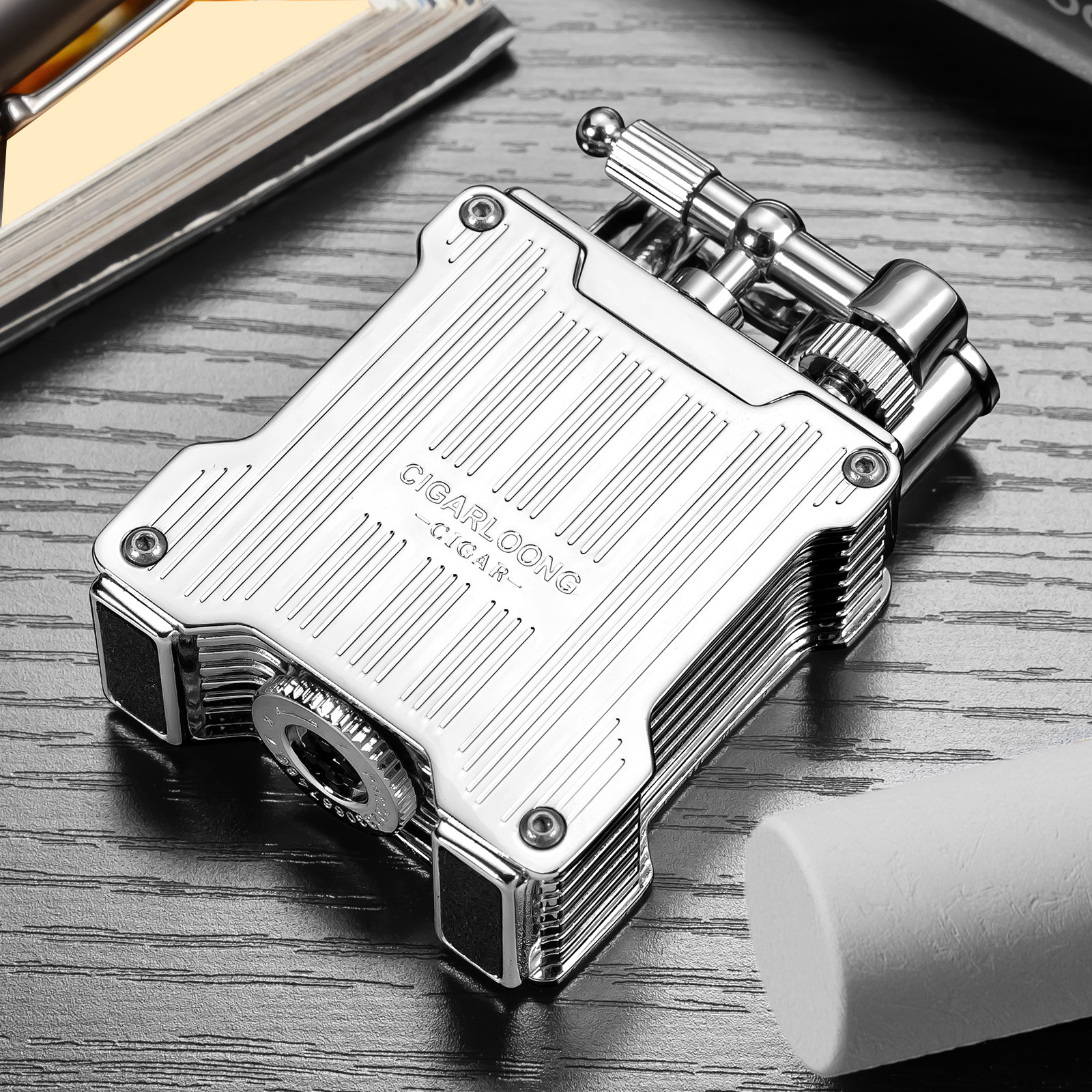 CIGARLOONG Cigar Straight Dual Flame Visible Fuel Perspective Window Adjustable Firepower Torch Lighter with Gift BoxWithout Gas W260202