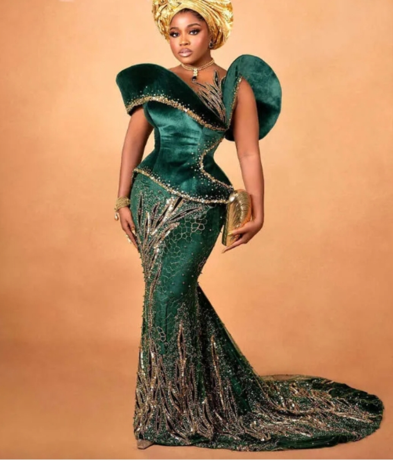 Aso Ebi Dark Green Mermaid Prom Dress Beaded Sequined Lace Veet Evening Formal Party Second Reception Birthday Engagement Gowns Dresses Robe De Soiree