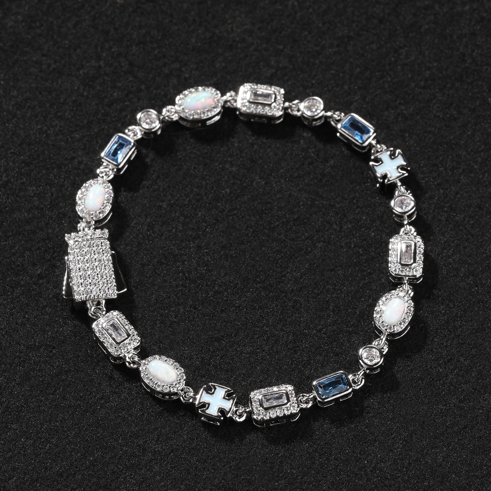 Hip Hop Blue Cross Colorful Tennis Chain Bracelet 5A Zircons Women Mens Jewelry