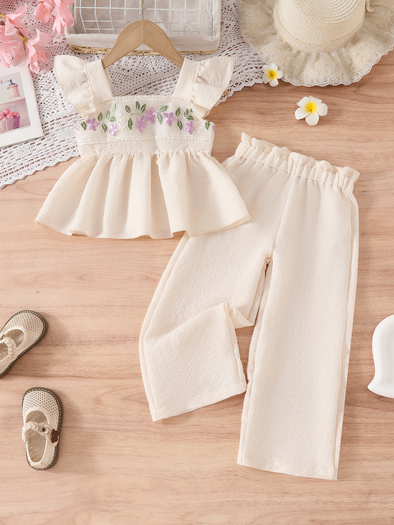 Toddler Girl Set: Floral Embroidered Ruffle Sleeve Peplum Top and Wide Leg Pants, Sweet Outfit Two piece set of top and pants-2591