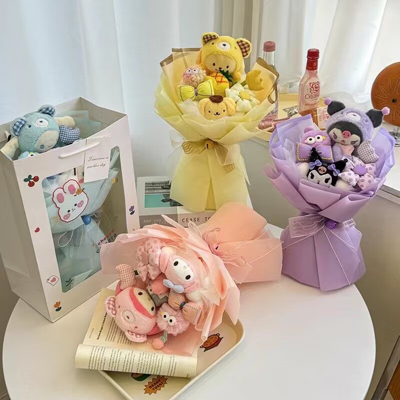 Hello Kitty Kuromi Plush Bouquet Sanrio My Melody Cinnamoroll Stuffed Plush Doll Valentines Day Christmas Birthday Giftsw250526