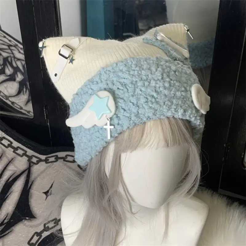 Wen Harajuku Gothic Lolita Angel Wings Beanie Hat Janese Y2K Girl Cross Star Bone Cat Ear C Autumn Winter Warm Knitted Hat Y250920
