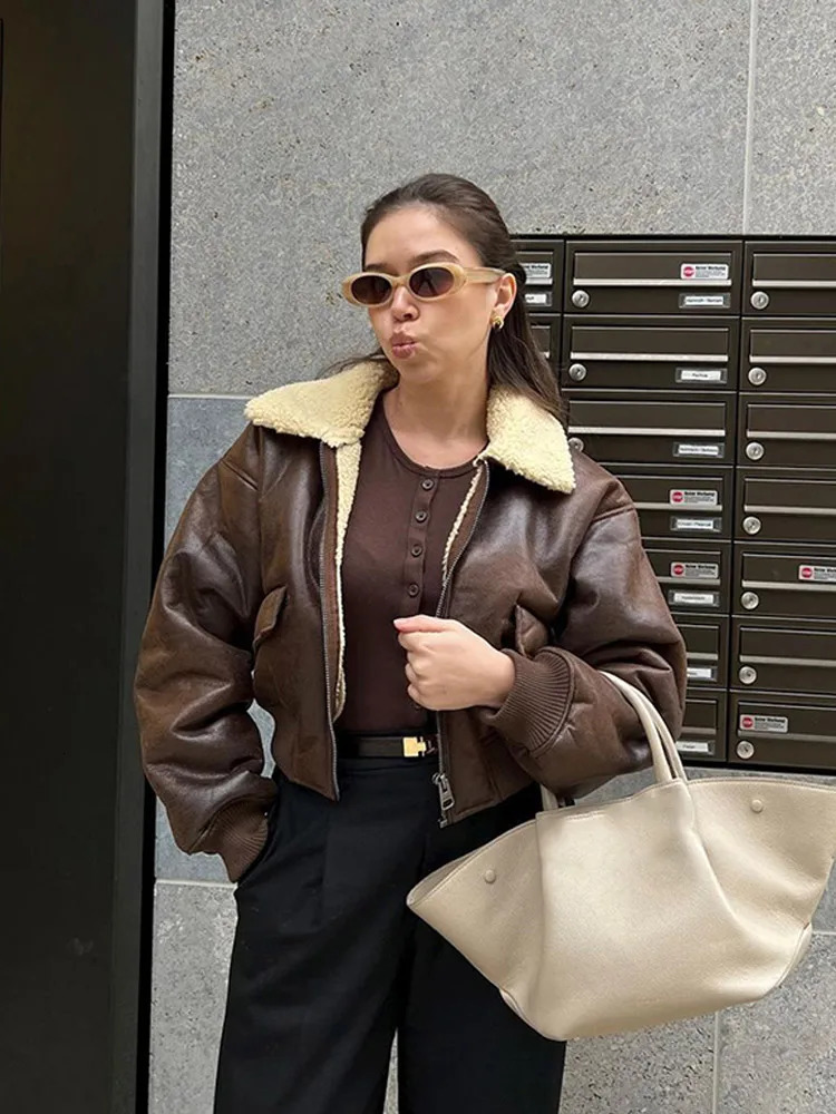 Womens Cropped Leather Jackets Chic Brown Fur Collar Street Style Bomber Coat 2025 Autumn Winter Zip Up Lady Commute Outerwears 250922