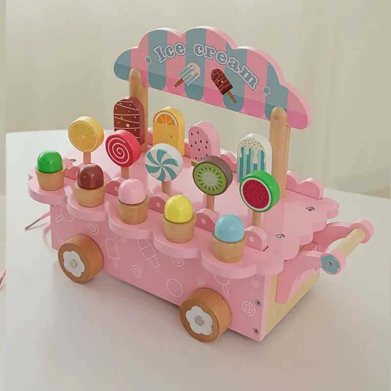 Kids Wooden Ice Cart Toy Set Girls Kitchen Accessories Pretend Play C250922