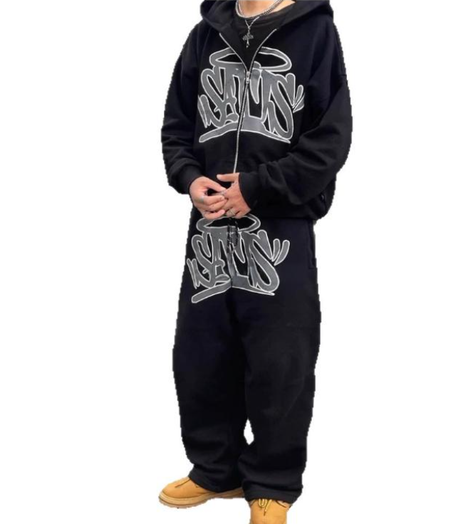 2K American Harajuku Set Streetwear Men Clothing Retro Zipper Hoodie Hip Hop Trendy Printed Casual Couple Sportswear Pants 250729