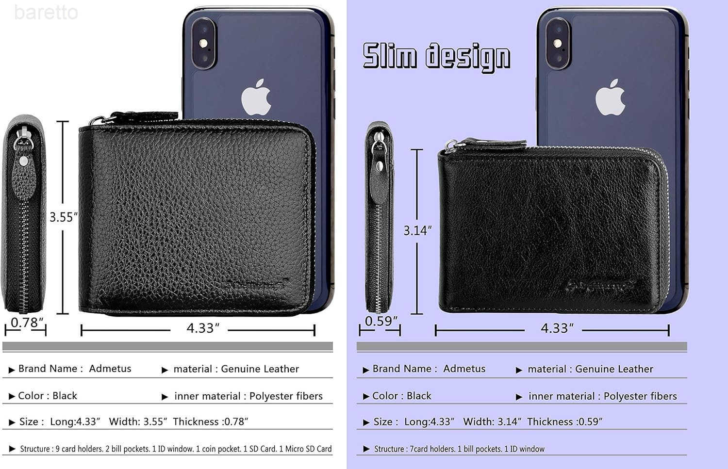 Admetus Mens Zipper Wallet Leather Bifold Wallets Slim RFID Blocking Zip Around Credit Card Holder Compact Small Wallet Z250922