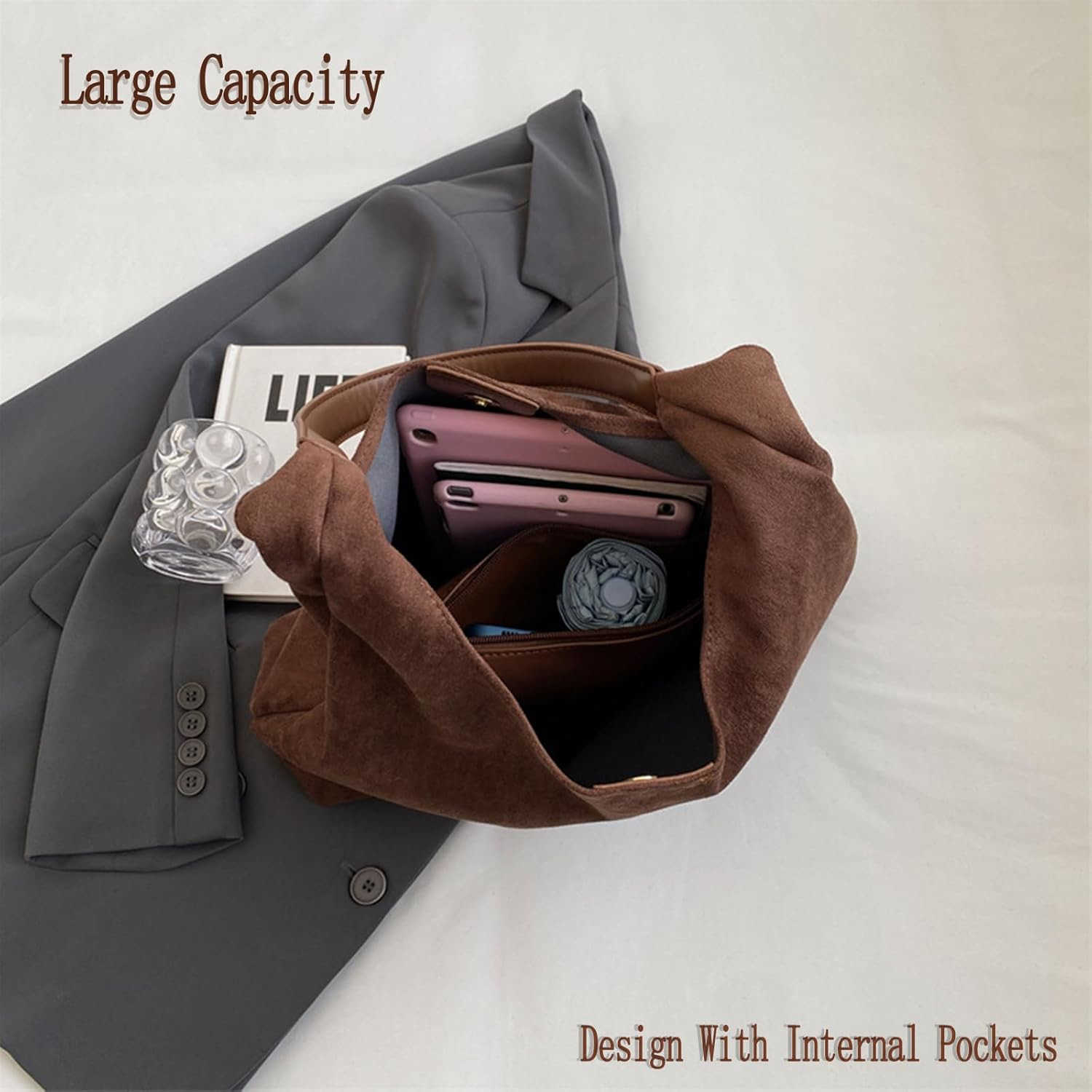 Brown Suede Tote Bag Womens Shoulder Bag with Suede Tote Option Z250922